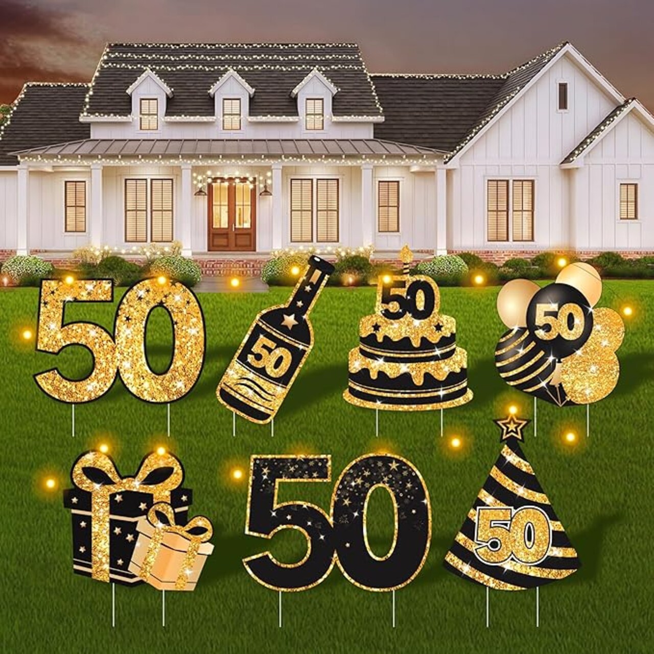 50th Birthday Yard Signs with Stakes, 7 Pcs Birthday Decorations for Men & Women with LED Lights & Double-Sided Tape, Ideal Outdoor/Indoor Party Favors, Photo Props & Lawn Decorations